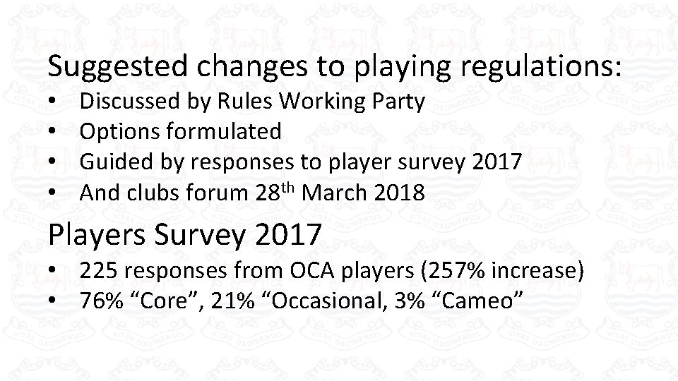 Suggested changes to playing regulations: • • Discussed by Rules Working Party Options formulated Suggested changes to playing regulations: • • Discussed by Rules Working Party Options formulated