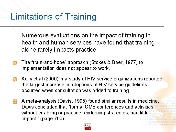 Limitations of Training Numerous evaluations on the impact of training in health and human