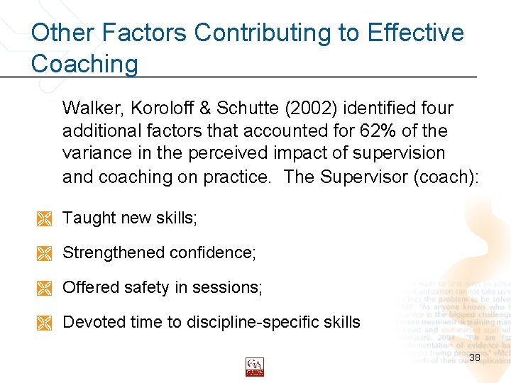 Other Factors Contributing to Effective Coaching Walker, Koroloff & Schutte (2002) identified four additional