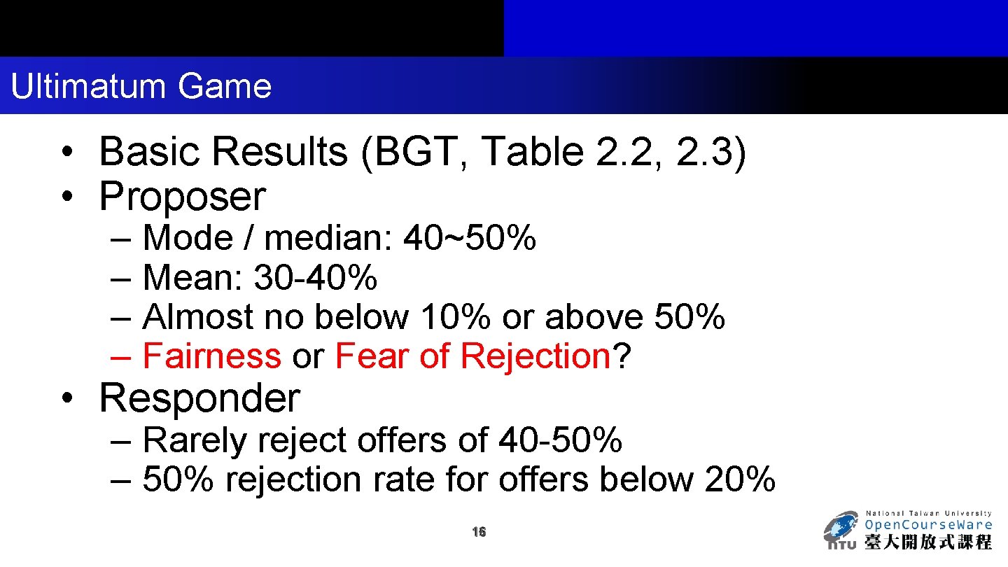 Ultimatum Game • Basic Results (BGT, Table 2. 2, 2. 3) • Proposer –