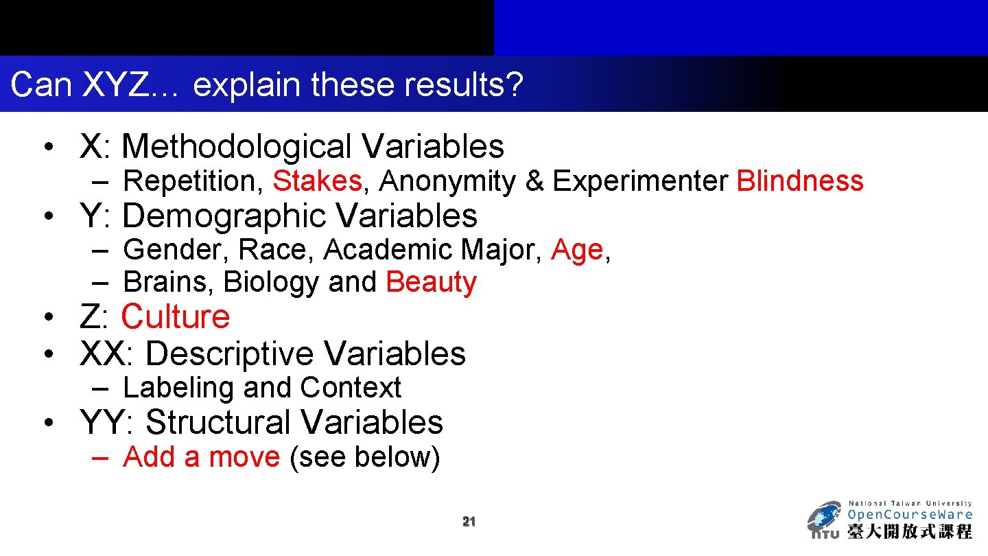 Can XYZ… explain these results? • X: Methodological Variables – Repetition, Stakes, Anonymity &