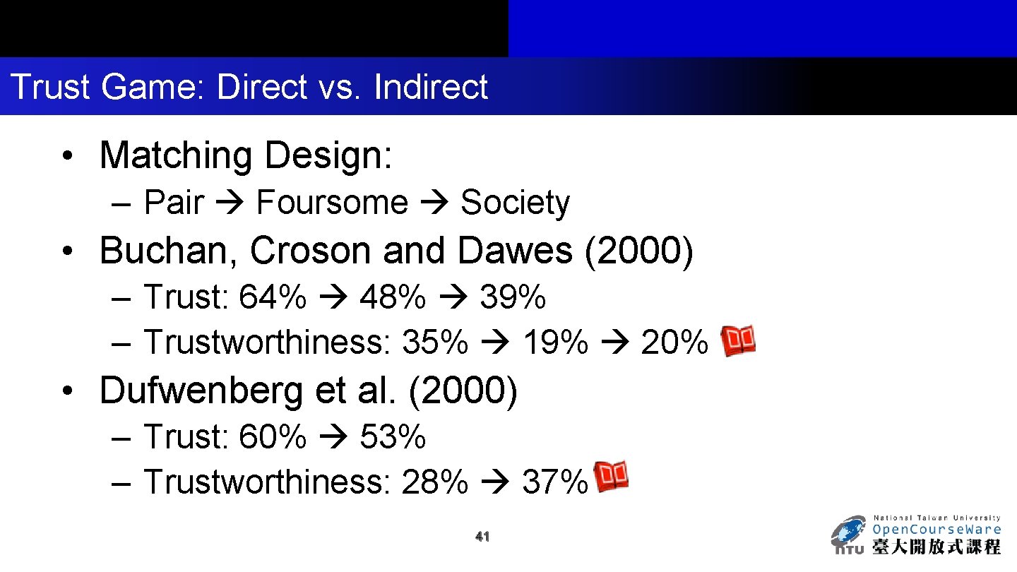 Trust Game: Direct vs. Indirect • Matching Design: – Pair Foursome Society • Buchan,