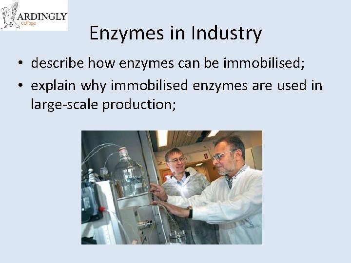 Enzymes in Industry • describe how enzymes can be immobilised; • explain why immobilised