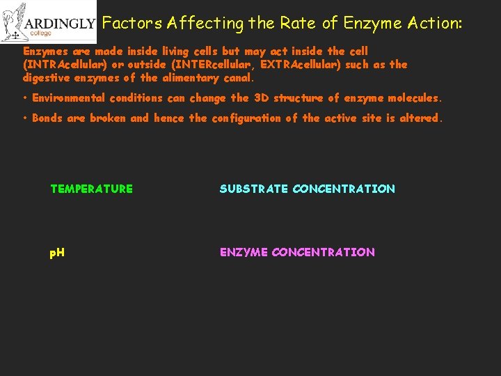 Factors Affecting the Rate of Enzyme Action: Enzymes are made inside living cells but