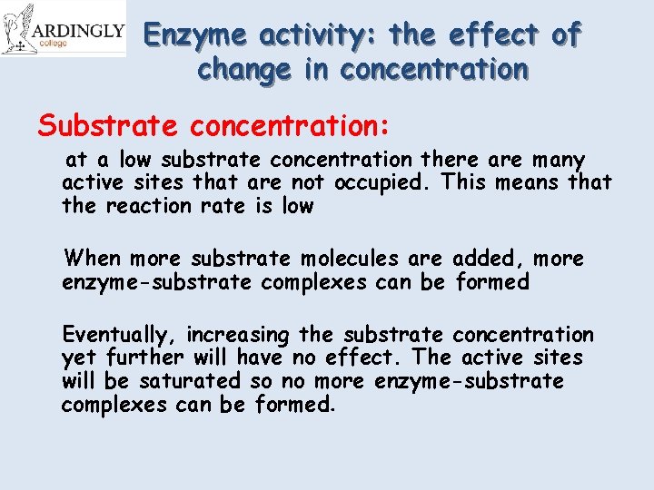 Enzyme activity: the effect of change in concentration Substrate concentration: at a low substrate