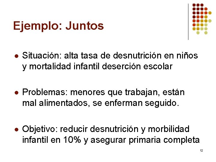 Ejemplo: Juntos l Situación: alta tasa de desnutrición en niños y mortalidad infantil deserción