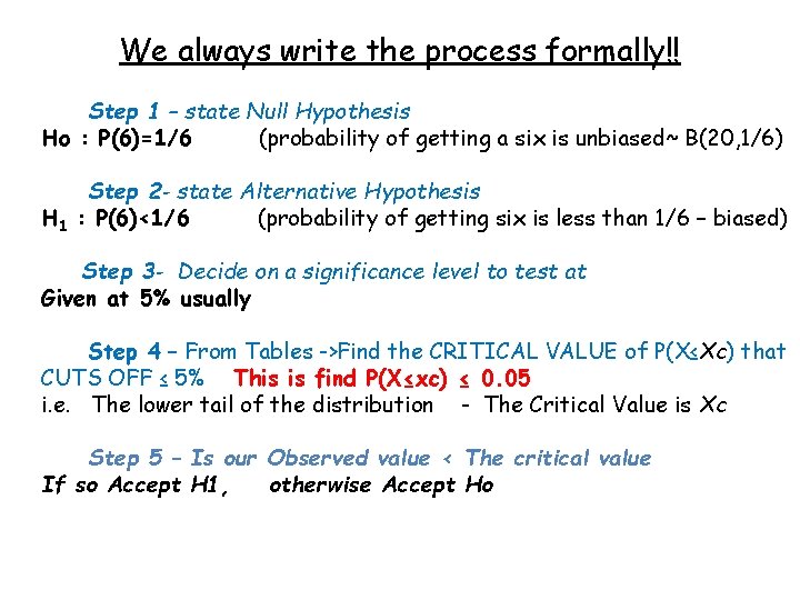 We always write the process formally!! Step 1 – state Null Hypothesis Ho : We always write the process formally!! Step 1 – state Null Hypothesis Ho :