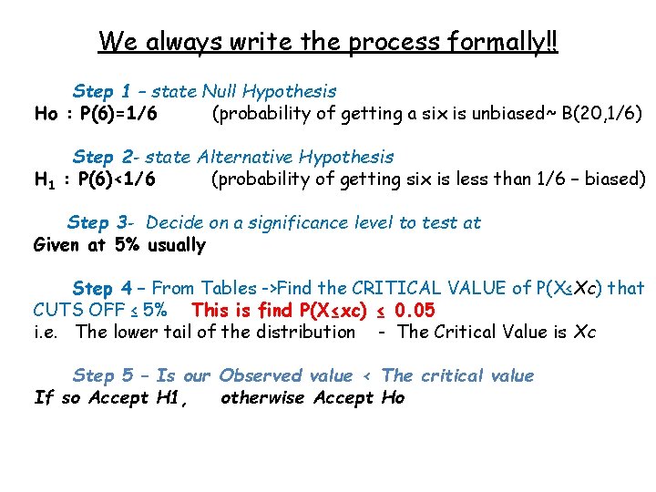 We always write the process formally!! Step 1 – state Null Hypothesis Ho :