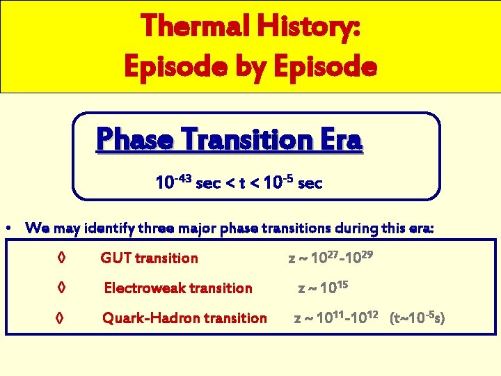 Thermal History: Episode by Episode Phase Transition Era 10 -43 sec < t <