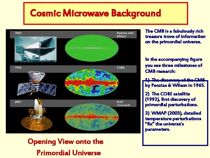 Cosmic Microwave Background The CMB is a fabulously rich treasure trove of information on