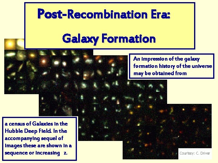 Post Recombination Era: Galaxy Formation An impression of the galaxy formation history of the