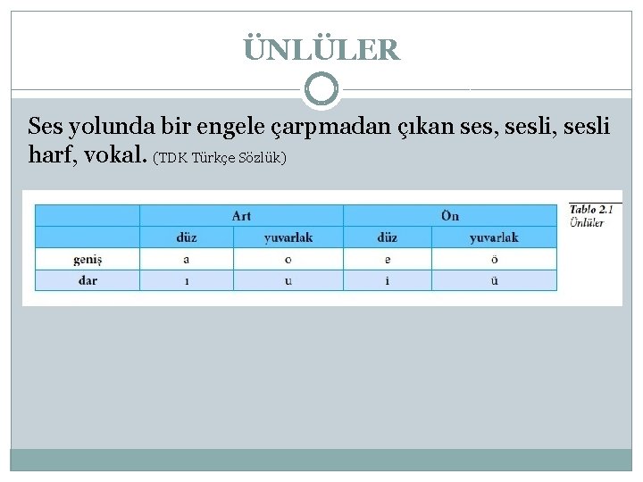 ÜNLÜLER Ses yolunda bir engele çarpmadan çıkan ses, sesli harf, vokal. (TDK Türkçe Sözlük)