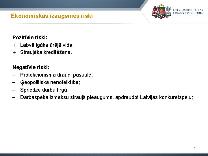 Ekonomiskās izaugsmes riski Pozitīvie riski: + Labvēlīgāka ārējā vide; + Straujāka kreditēšana. Negatīvie riski: