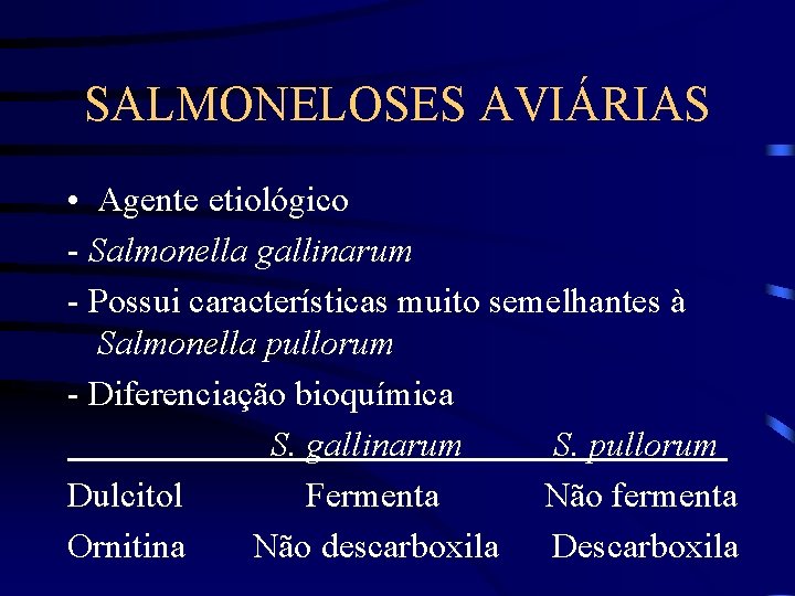 SALMONELOSES AVIÁRIAS • Agente etiológico - Salmonella gallinarum - Possui características muito semelhantes à