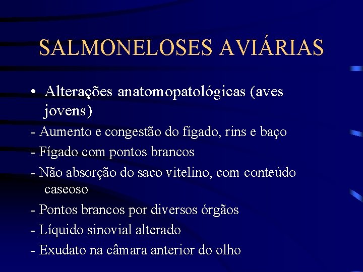 SALMONELOSES AVIÁRIAS • Alterações anatomopatológicas (aves jovens) - Aumento e congestão do fígado, rins