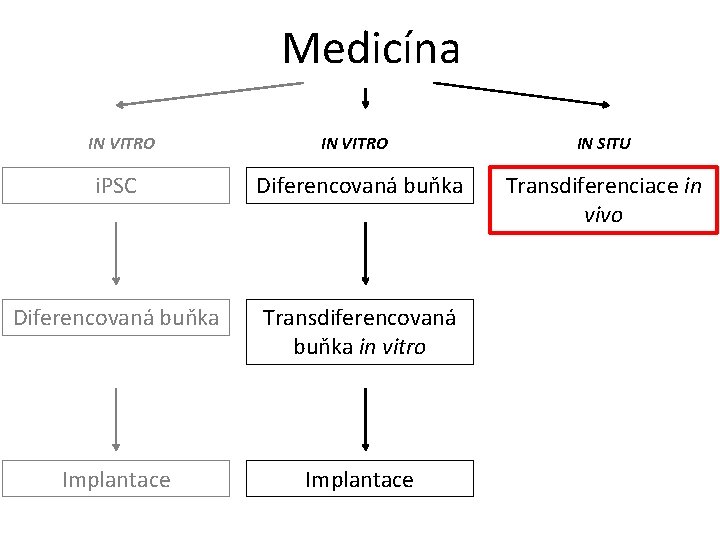 Medicína IN VITRO i. PSC Diferencovaná buňka Transdiferencovaná buňka in vitro Implantace IN SITU