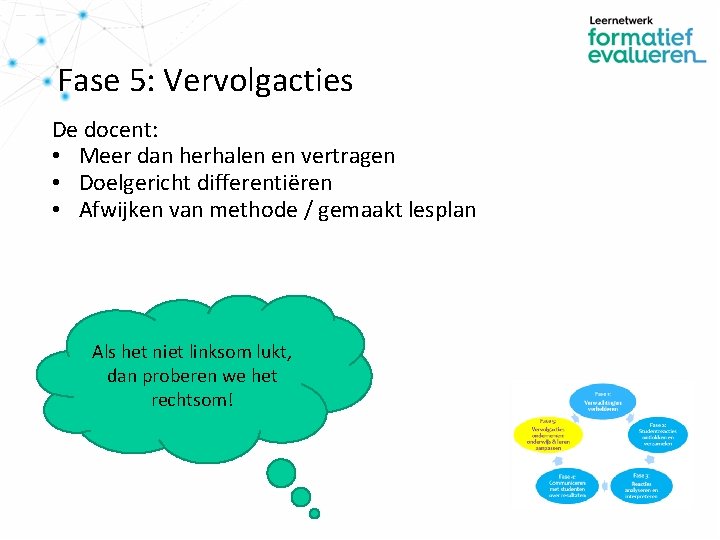 Fase 5: Vervolgacties De docent: • Meer dan herhalen en vertragen • Doelgericht differentiëren