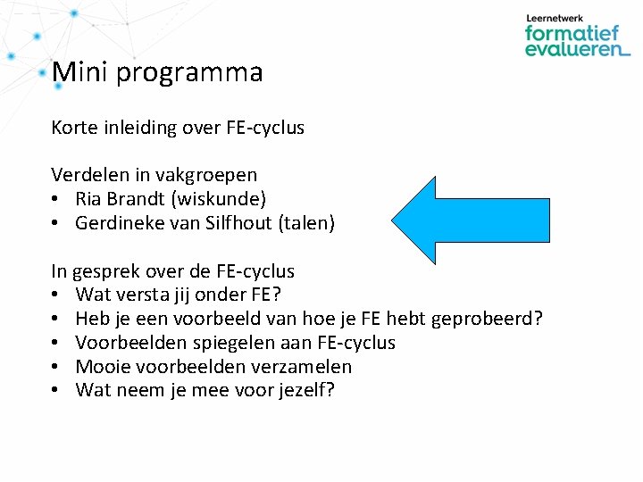 Mini programma Korte inleiding over FE-cyclus Verdelen in vakgroepen • Ria Brandt (wiskunde) •