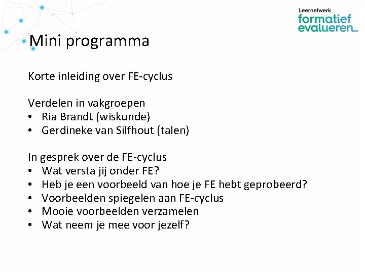 Mini programma Korte inleiding over FE-cyclus Verdelen in vakgroepen • Ria Brandt (wiskunde) •