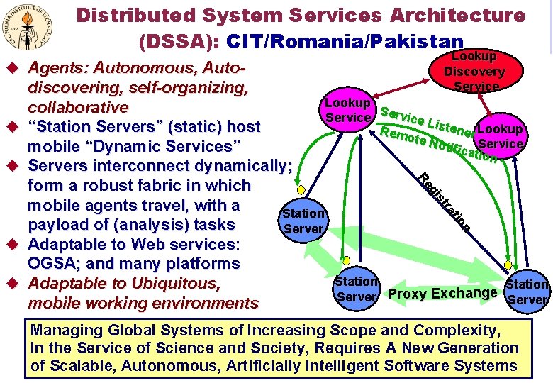 Distributed System Services Architecture (DSSA): CIT/Romania/Pakistan u Agents: Autonomous, Auto- u u Lookup Discovery