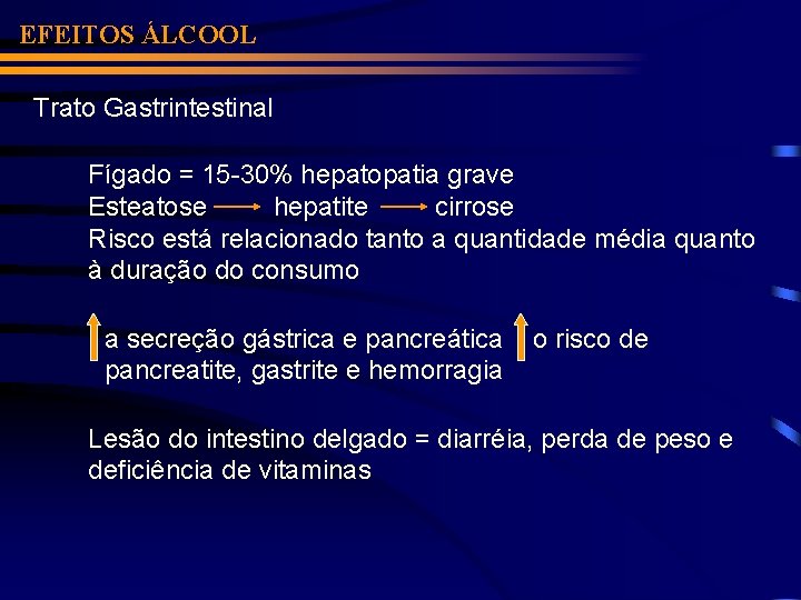 EFEITOS ÁLCOOL Trato Gastrintestinal Fígado = 15 -30% hepatopatia grave Esteatose hepatite cirrose Risco