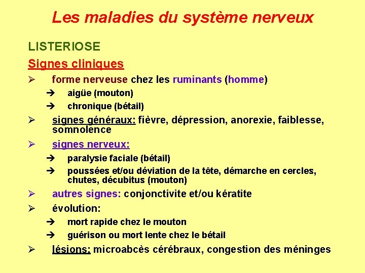 Les maladies du système nerveux LISTERIOSE Signes cliniques Ø forme nerveuse chez les ruminants