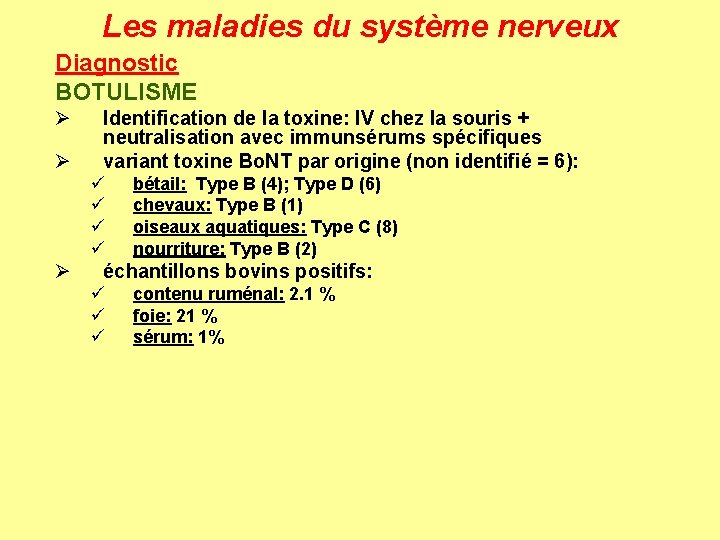 Les maladies du système nerveux Diagnostic BOTULISME Ø Ø Identification de la toxine: IV