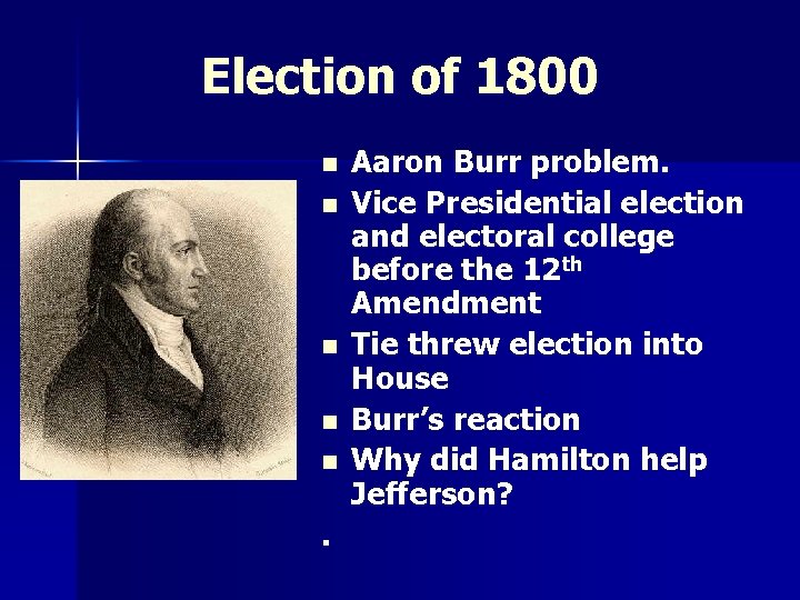 Election of 1800 n n n . Aaron Burr problem. Vice Presidential election and