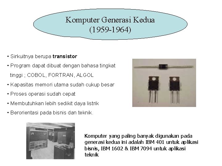 Komputer Generasi Kedua (1959 -1964) • Sirkuitnya berupa transistor • Program dapat dibuat dengan