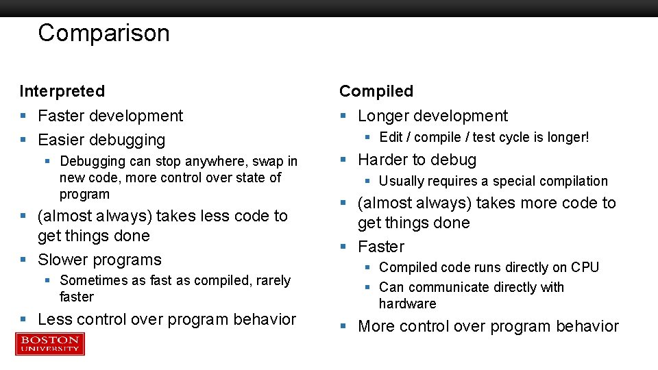 Comparison Interpreted Compiled § Faster development § Easier debugging § Longer development § Debugging Comparison Interpreted Compiled § Faster development § Easier debugging § Longer development § Debugging