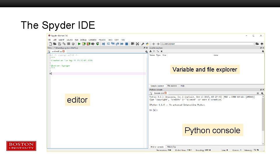 The Spyder IDE Variable and file explorer editor Python console The Spyder IDE Variable and file explorer editor Python console