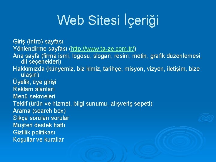 Web Sitesi İçeriği Giriş (Intro) sayfası Yönlendirme sayfası (http: //www. ta-ze. com. tr/) Ana