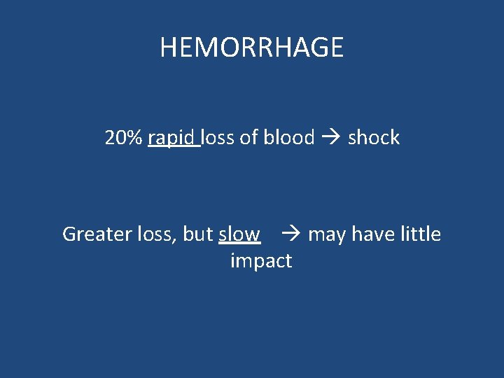 HEMORRHAGE 20% rapid loss of blood shock Greater loss, but slow may have little