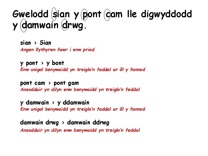 Gwelodd sian y pont cam lle digwyddodd y damwain drwg. sian > Sian Angen