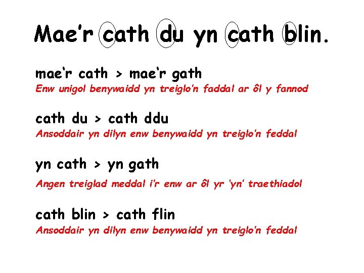 Mae’r cath du yn cath blin. mae‘r cath > mae‘r gath Enw unigol benywaidd