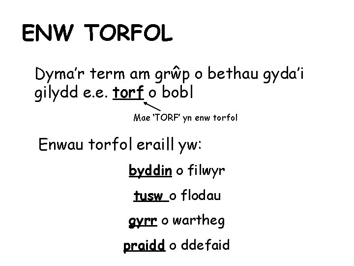 ENW TORFOL Dyma’r term am grŵp o bethau gyda’i gilydd e. e. torf o