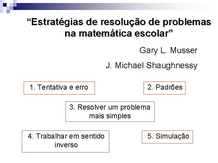 “Estratégias de resolução de problemas na matemática escolar” Gary L. Musser J. Michael Shaughnessy