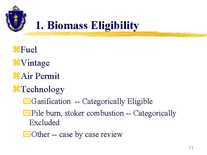 1. Biomass Eligibility z. Fuel z. Vintage z. Air Permit z. Technology y. Gasification