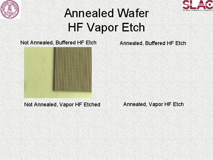 Annealed Wafer HF Vapor Etch Not Annealed, Buffered HF Etch Not Annealed, Vapor HF