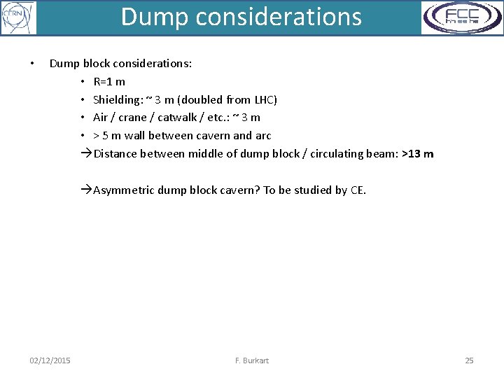 Dump considerations • Dump block considerations: • R=1 m • Shielding: ~ 3 m