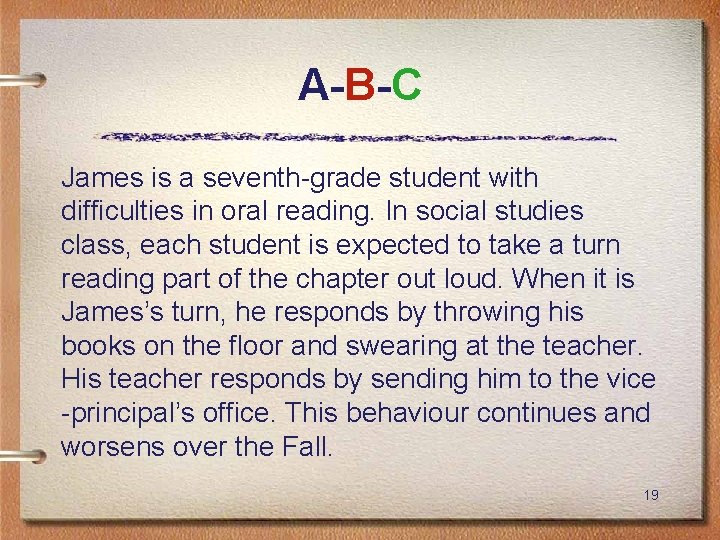 A-B-C James is a seventh-grade student with difficulties in oral reading. In social studies