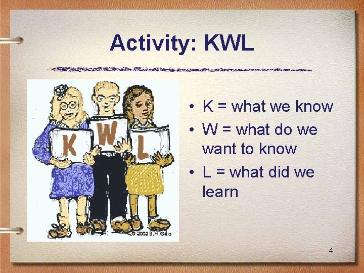 Activity: KWL • K = what we know • W = what do we