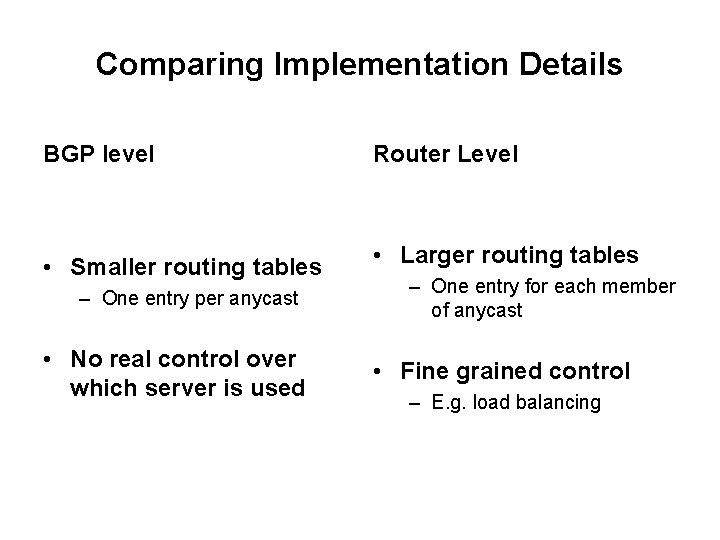 Comparing Implementation Details BGP level Router Level • Smaller routing tables • Larger routing