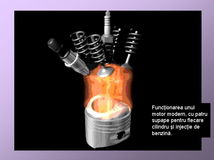 Funcţionarea unui motor modern, cu patru supape pentru fiecare cilindru şi injecţie de benzină.