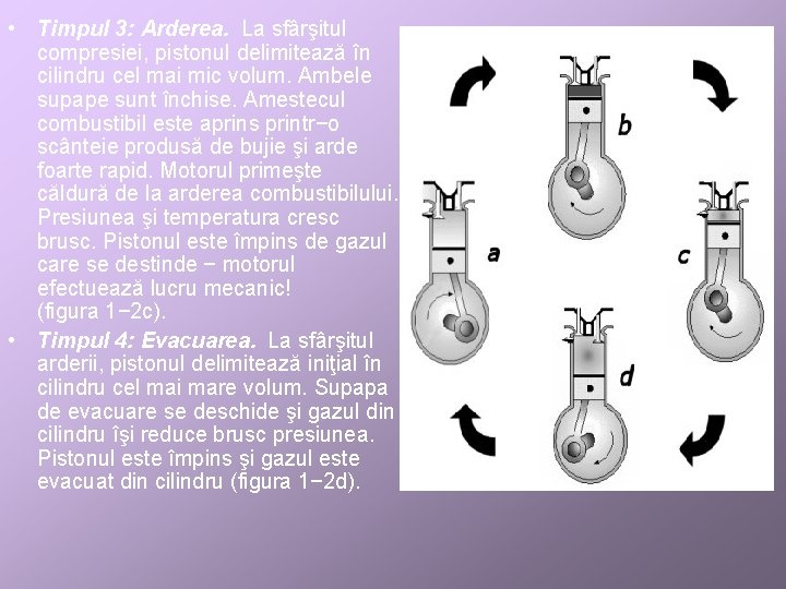  • Timpul 3: Arderea. La sfârşitul compresiei, pistonul delimitează în cilindru cel mai