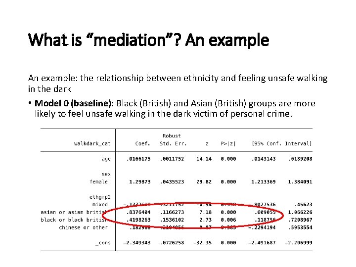 What is “mediation”? An example: the relationship between ethnicity and feeling unsafe walking in What is “mediation”? An example: the relationship between ethnicity and feeling unsafe walking in