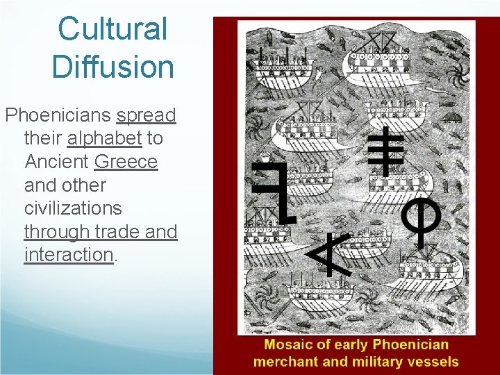 Cultural Diffusion Phoenicians spread their alphabet to Ancient Greece and other civilizations through trade