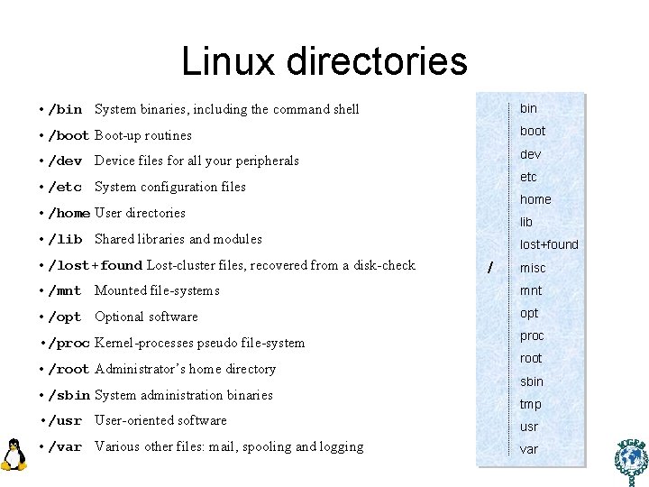 Linux directories • /bin System binaries, including the command shell bin • /boot Boot-up