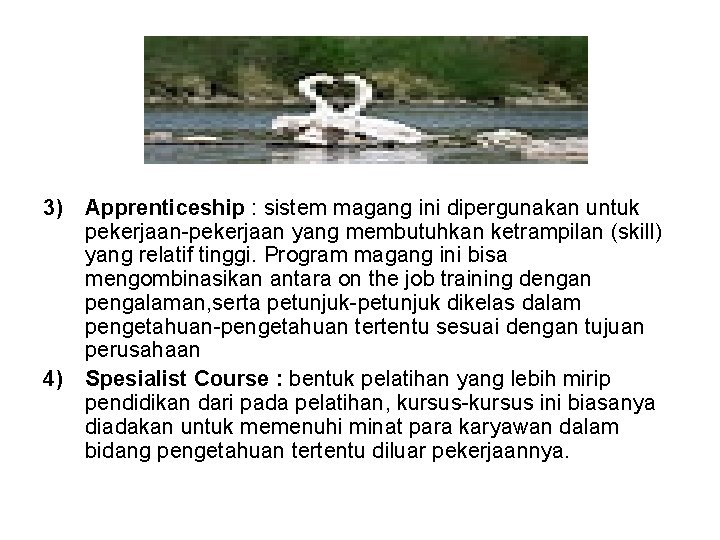 3) Apprenticeship : sistem magang ini dipergunakan untuk pekerjaan-pekerjaan yang membutuhkan ketrampilan (skill) yang