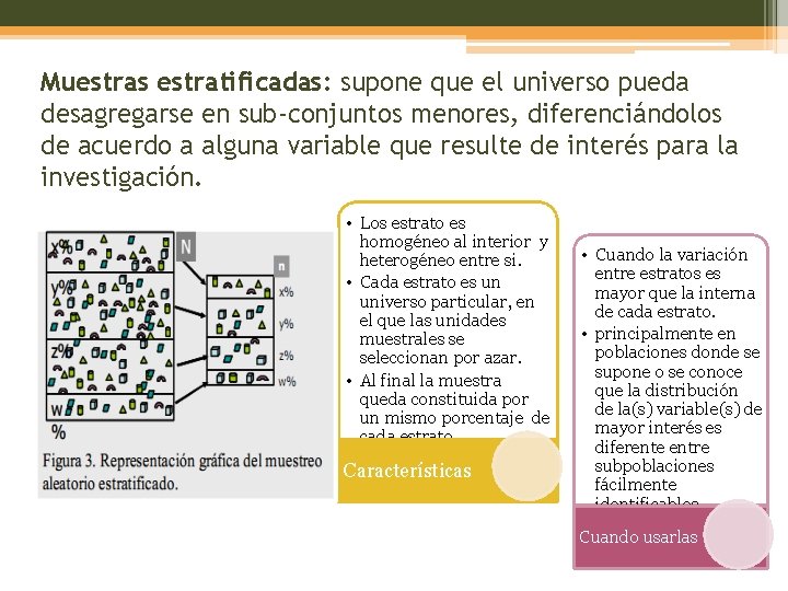 Muestras estratificadas: supone que el universo pueda desagregarse en sub-conjuntos menores, diferenciándolos de acuerdo